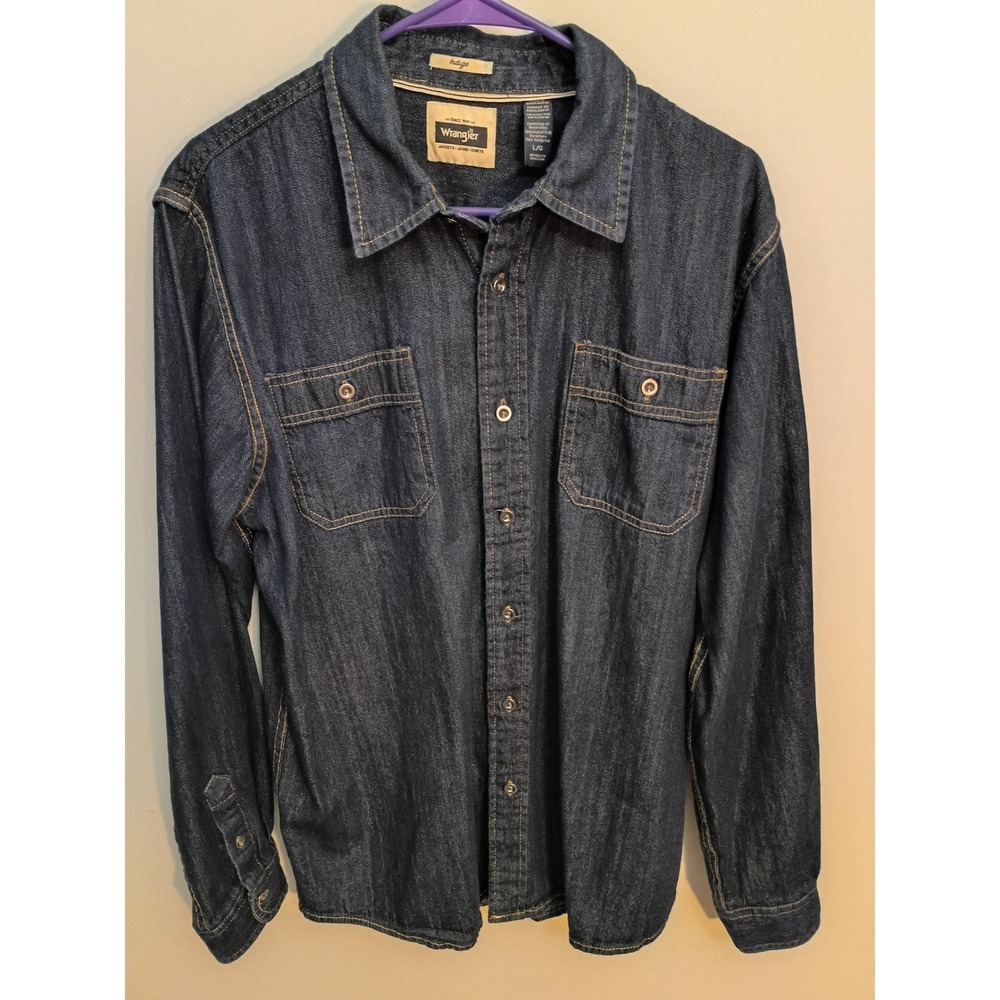 Wrangler Indigo Denim Button Down Shirt Mens Large Long Sleeve Dark Wash Cotton
